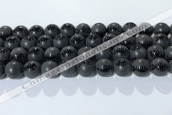 CAA3673 15.5 inches 12mm round matte & carved black agate beads