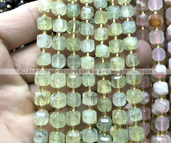 CCU1357 15 inches 6mm - 7mm faceted cube green rutilated quartz beads