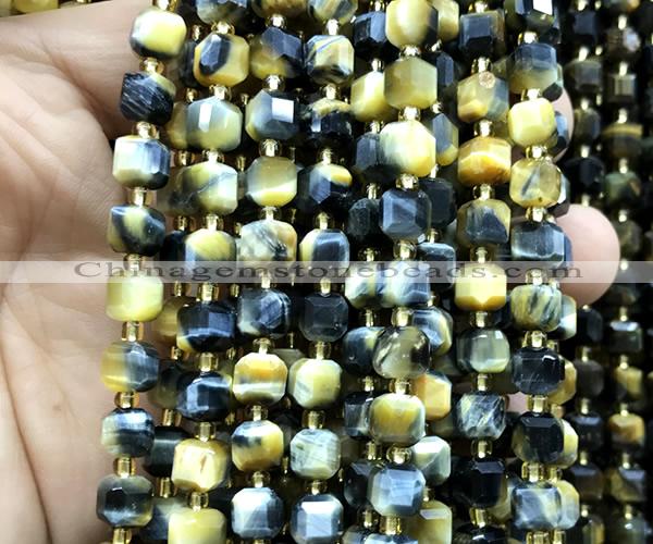 CCU1367 15 inches 6mm - 7mm faceted cube golden & blue tiger eye beads