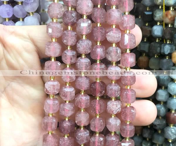 CCU1456 15 inches 8mm - 9mm faceted cub strawberry quartz beads