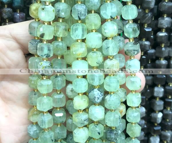 CCU1459 15 inches 8mm - 9mm faceted cube green rutilated quartz beads