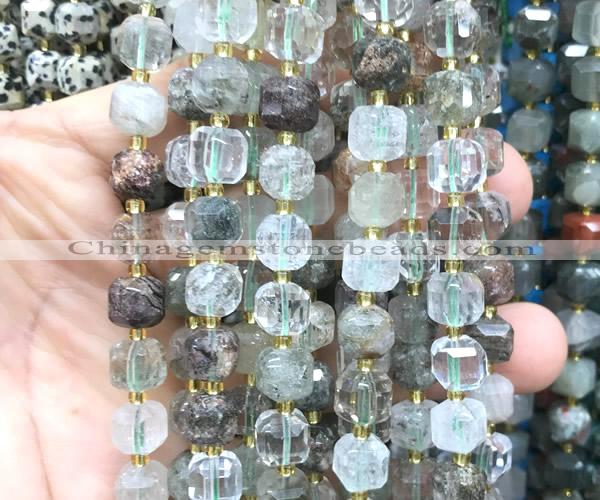 CCU1460 15 inches 8mm - 9mm faceted cube green phantom quartz beads