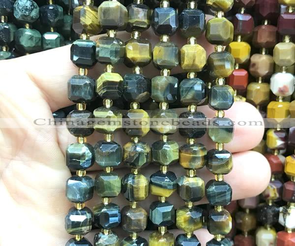 CCU1470 15 inches 8mm - 9mm faceted cube yellow & blue tiger eye beads