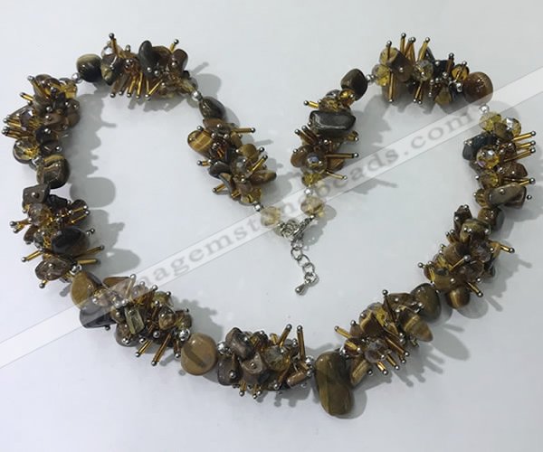 CGN416 19.5 inches chinese crystal & yellow tiger eye chips beaded necklace