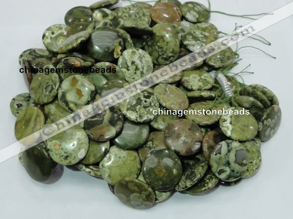 CPS38 15.5 inches 18mm flat round green peacock stone beads