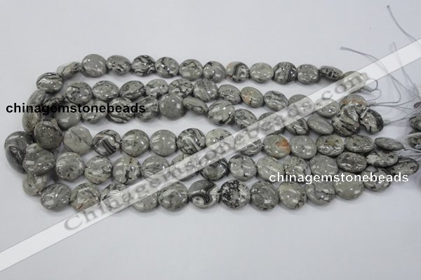 CPT164 15.5 inches 14mm flat round grey picture jasper beads