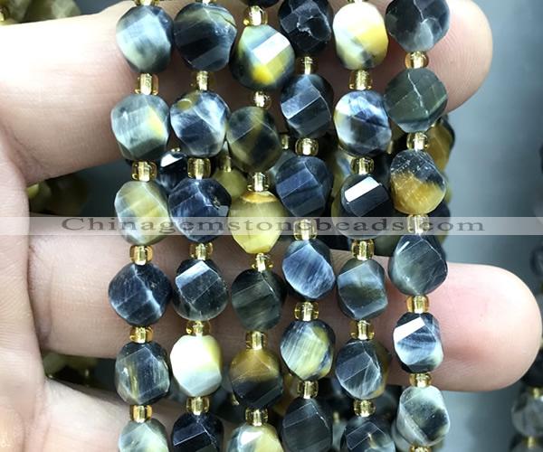 CTW567 8mm faceted & twisted S-shaped golden & blue tiger eye beads