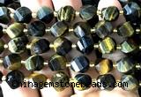 CTW668 10mm faceted & twisted S-shaped yellow & blue tiger eye beads