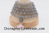 GMN1187 Hand-knotted 8mm, 10mm grey agate 108 beads mala necklaces with charm