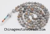 GMN1523 Hand-knotted 8mm, 10mm silver needle agate 108 beads mala necklace with pendant