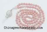 GMN1553 Knotted 8mm, 10mm Chinese pink opal 108 beads mala necklace with pendant