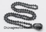 GMN4840 Hand-knotted 8mm, 10mm black banded agate 108 beads mala necklace with pendant