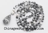 GMN4865 Hand-knotted 8mm, 10mm black & white jasper 108 beads mala necklace with pendant