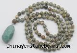 GMN4927 Hand-knotted 8mm, 10mm rhyolite 108 beads mala necklace with pendant